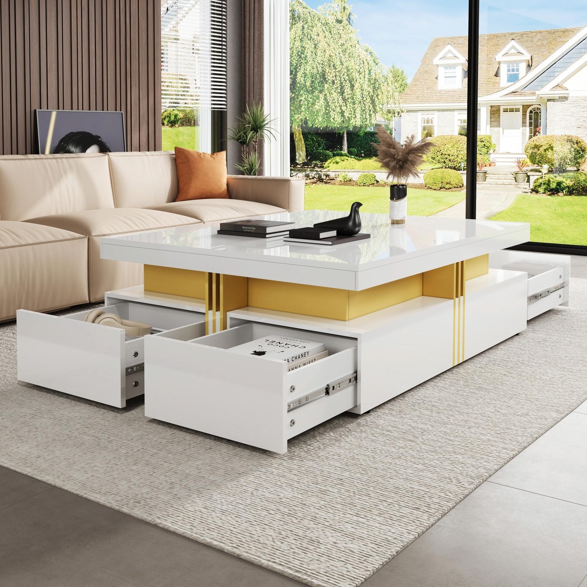 Modern Glossy Square Storage Coffee Table with 4 Drawers