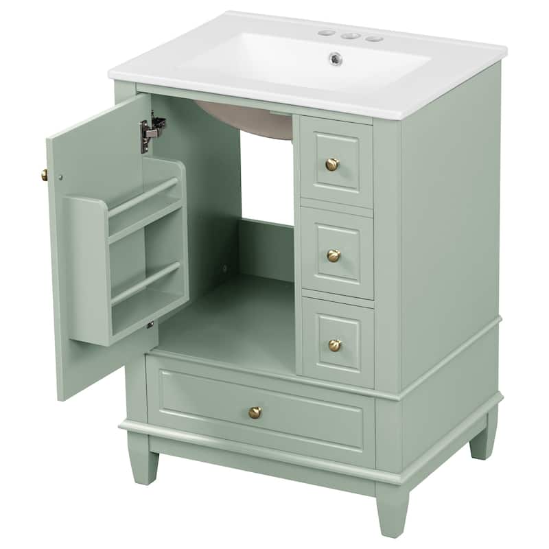 24" Freestanding Bathroom Vanity with Sink - Ceramic Top, Drawers & Shelves, MDF & Solid Wood Base, for Small Bathrooms
