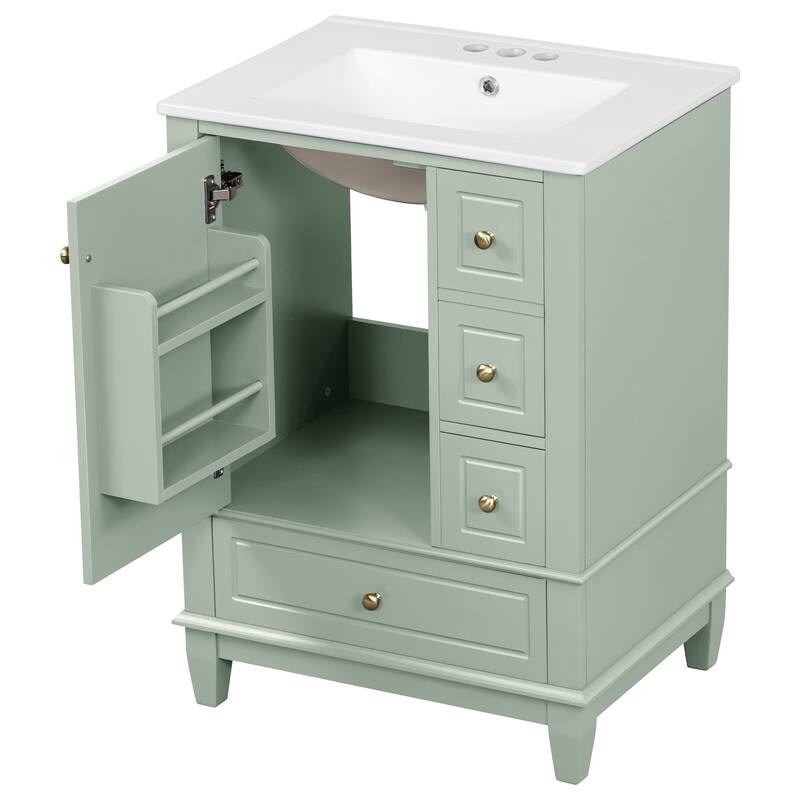 Roomfitters 24" Bathroom Vanity with Sink, Solid Wood Frame, 3 Drawers & Side Cabinet with Door Racks