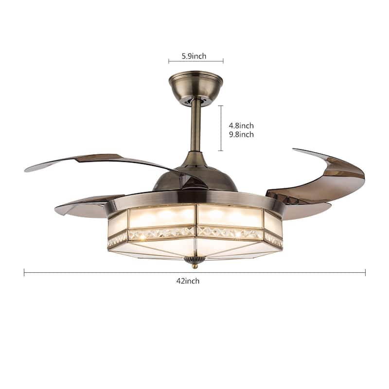 42'' 4 Retractable Blades Tiffany Style LED Ceiling Fan with Remote - 42 inches