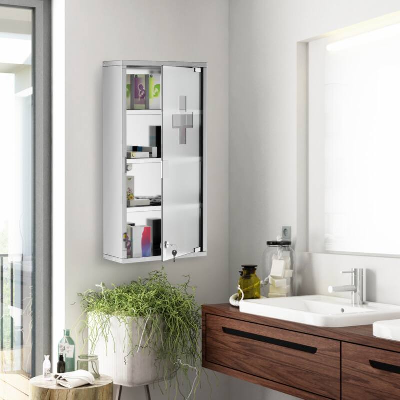 Wall Mounted Medicine Cabinet, Locking Wall Cabinet with 4 Tier Shelves,Silver