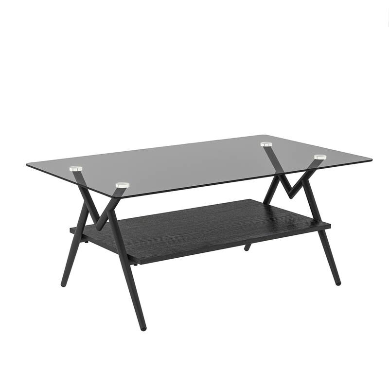 Modern Rectangle Coffee Table with Tempered Glass top and Metal Legs
