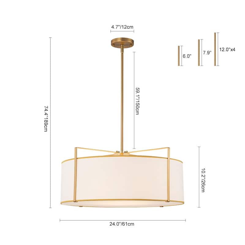 Mid-Century 4-Light White Fabric Drum Lantern Chandelier Ambient Light