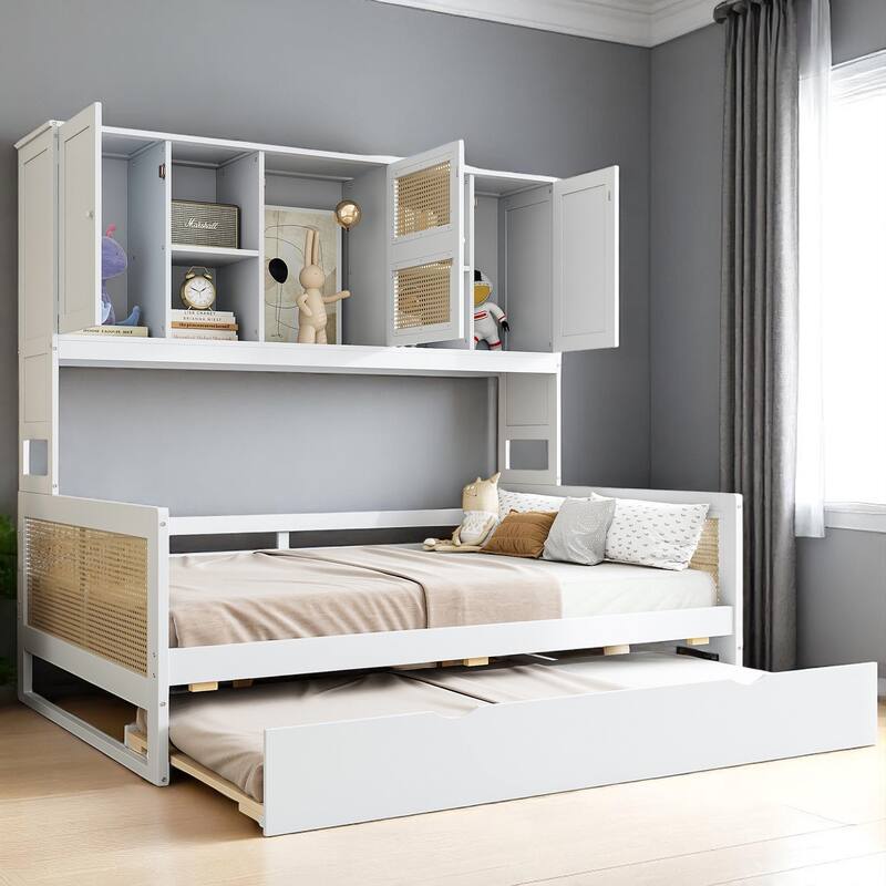 Wooden Twin/Full Daybed with Trundle Bed, Storage Shelves and Cabinet, No Box Spring Required, Rattan Design - Grey - Full