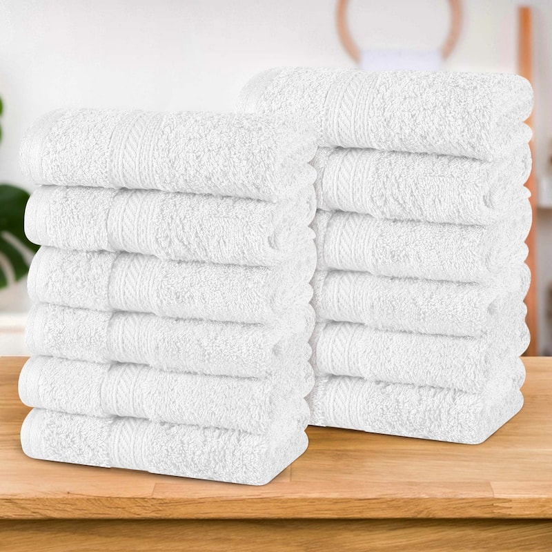 Superior Atlas Cotton Plush Heavyweight Face Towel Washcloth Set of 12 - White