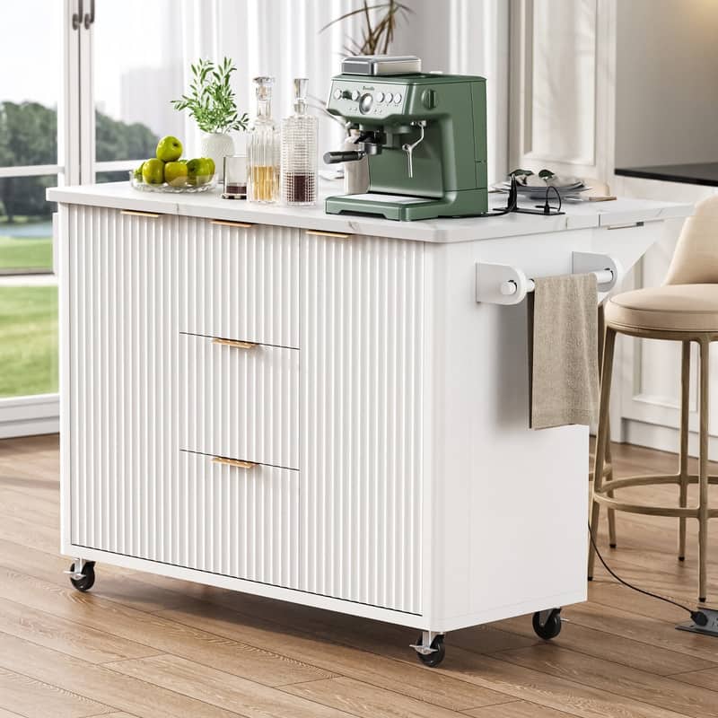 55.5" Fluted Kitchen Island with Drop Leaf and Storage Features Power Outlet and Adjustable Shelves