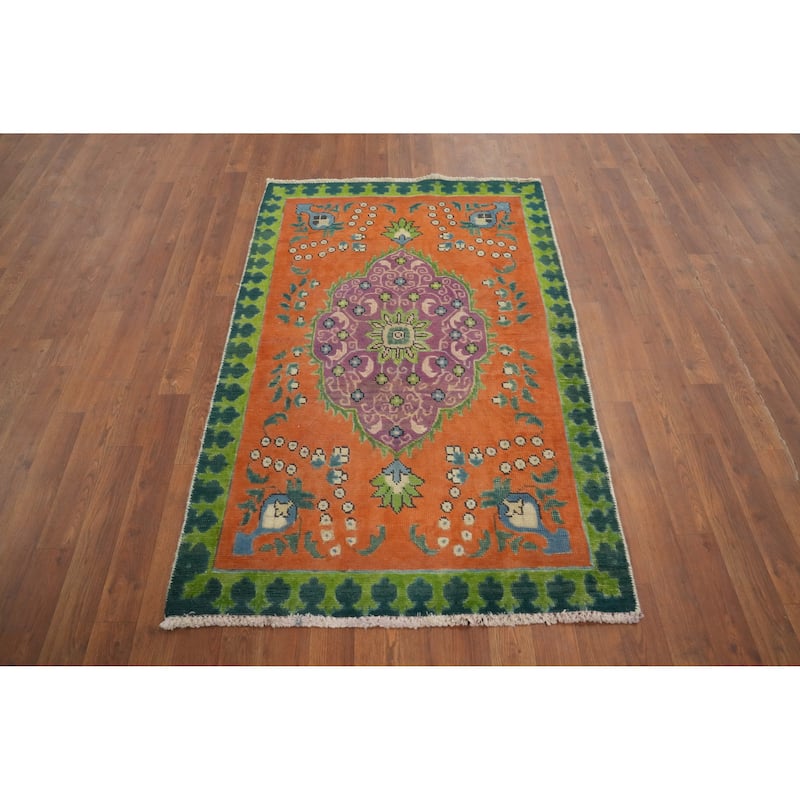 Hand Knotted Oriental 100% Wool Carpet Traditional Floral Oranges & Rust Tabriz Area Rug - 4' 10'' X 3' 1''