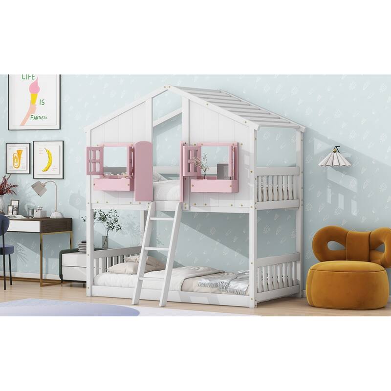 Roomfitters Twin Over Twin House Bunk Bed with Roof, Window Box, Door, Safety Guardrails and Ladder