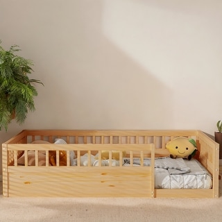 Twin Wooden Floor Bed Frame with Safety Fence, Low to Ground Design for Kids' Bedroom & Playroom, Easy Assembly, Natural