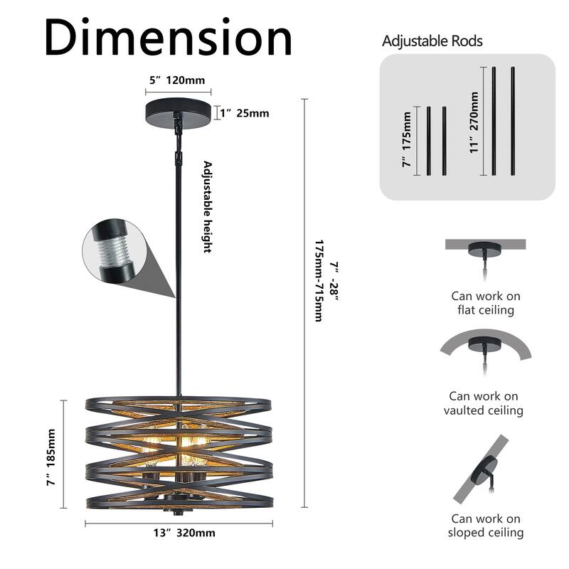 13" Rustic Industrial Pendant Light, 3-Light Black and Walnut Metal Cage Chandelier with Wood Accent