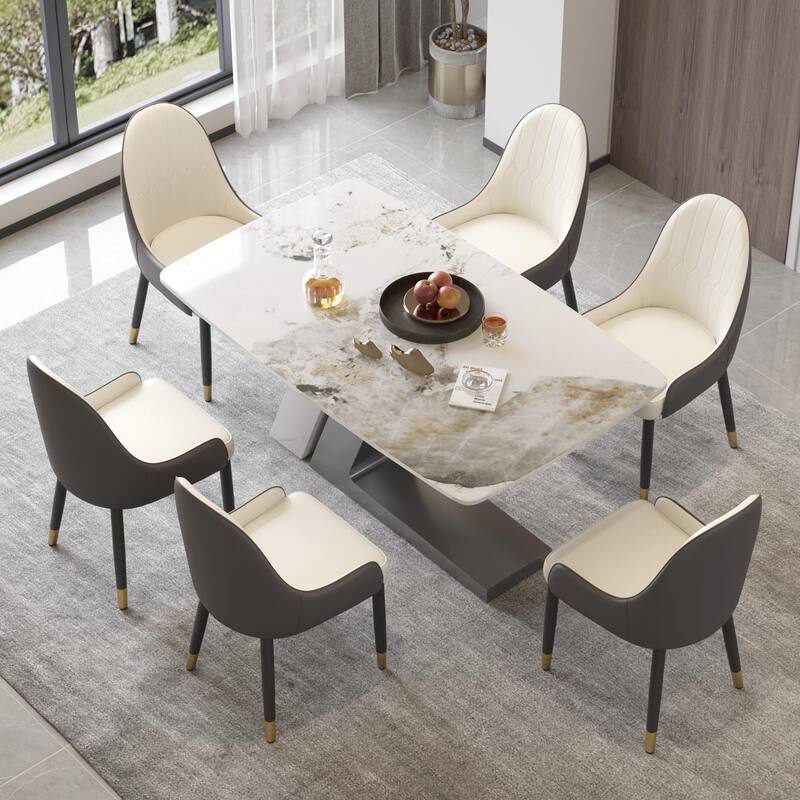 Slate Dining Table Faux Marble Table with Z shape Stainless Steel Pedestal - 63" - Off White