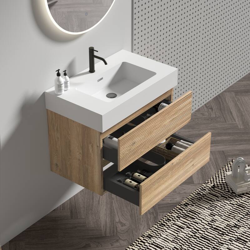 GDFStudio - Grace Wall-Mounted Bathroom Vanity with Engineered Quartz Sink & Soft Close Drawers, without Drainage and Faucet