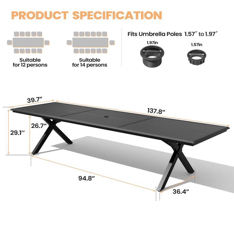 13/15-Piece Outdoor Patio All-Weather X-Shaped Aluminum Dining Set Table with Folding Chairs