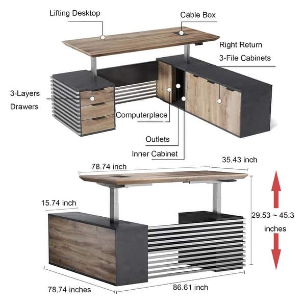 dimension image slide 6 of 7, L-Shaped Executive Desk Adjustable Height with Universal Charging Ports Drawers and Cable Management