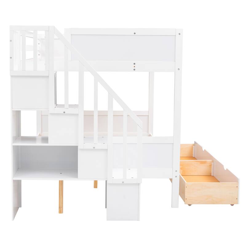 Twin over Full Bunk Bed with Shelves, Storage Staircase and 2 Drawers, White