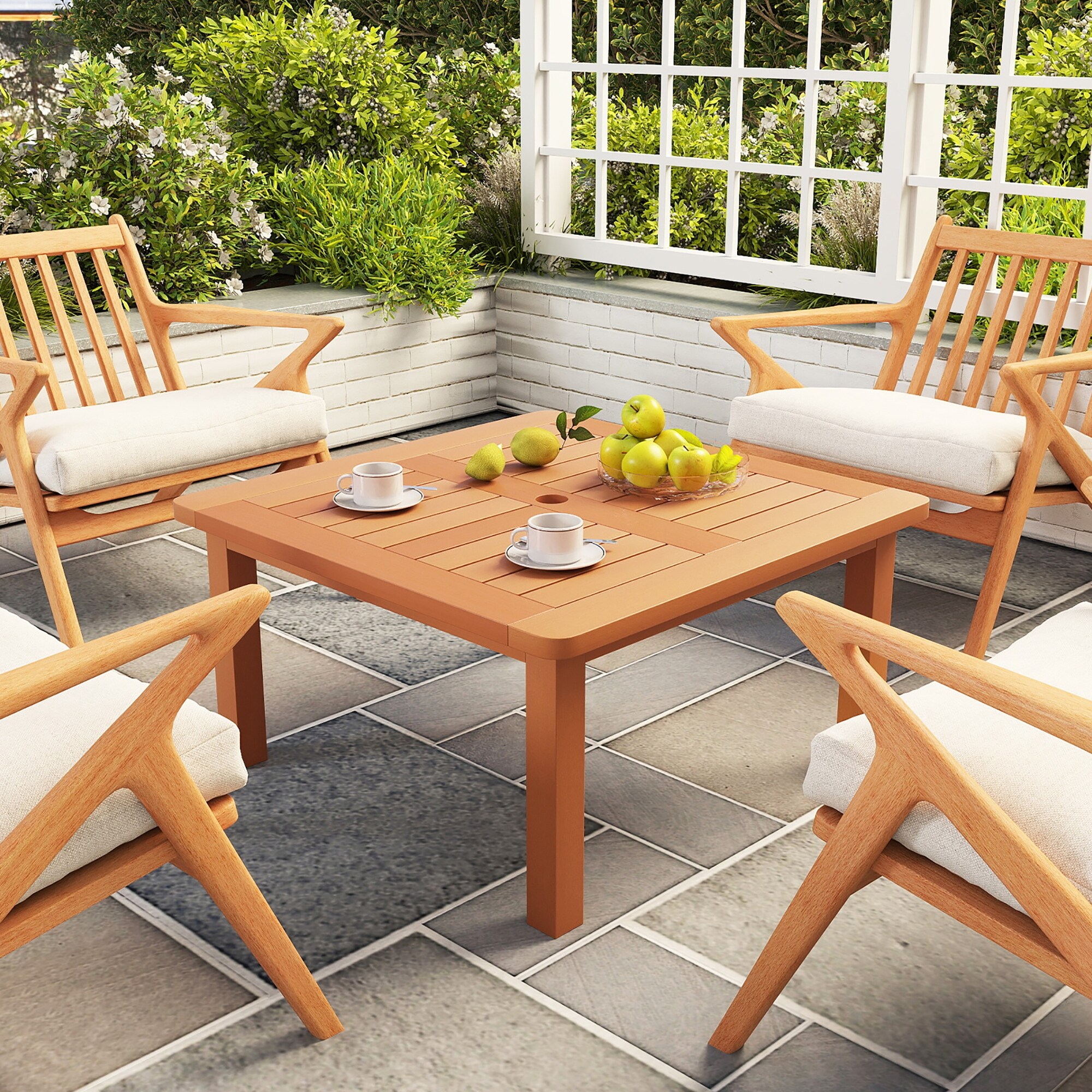 Gymax Patio Coffee Table w/ Umbrella Hole Slatted Tabletop & Teak