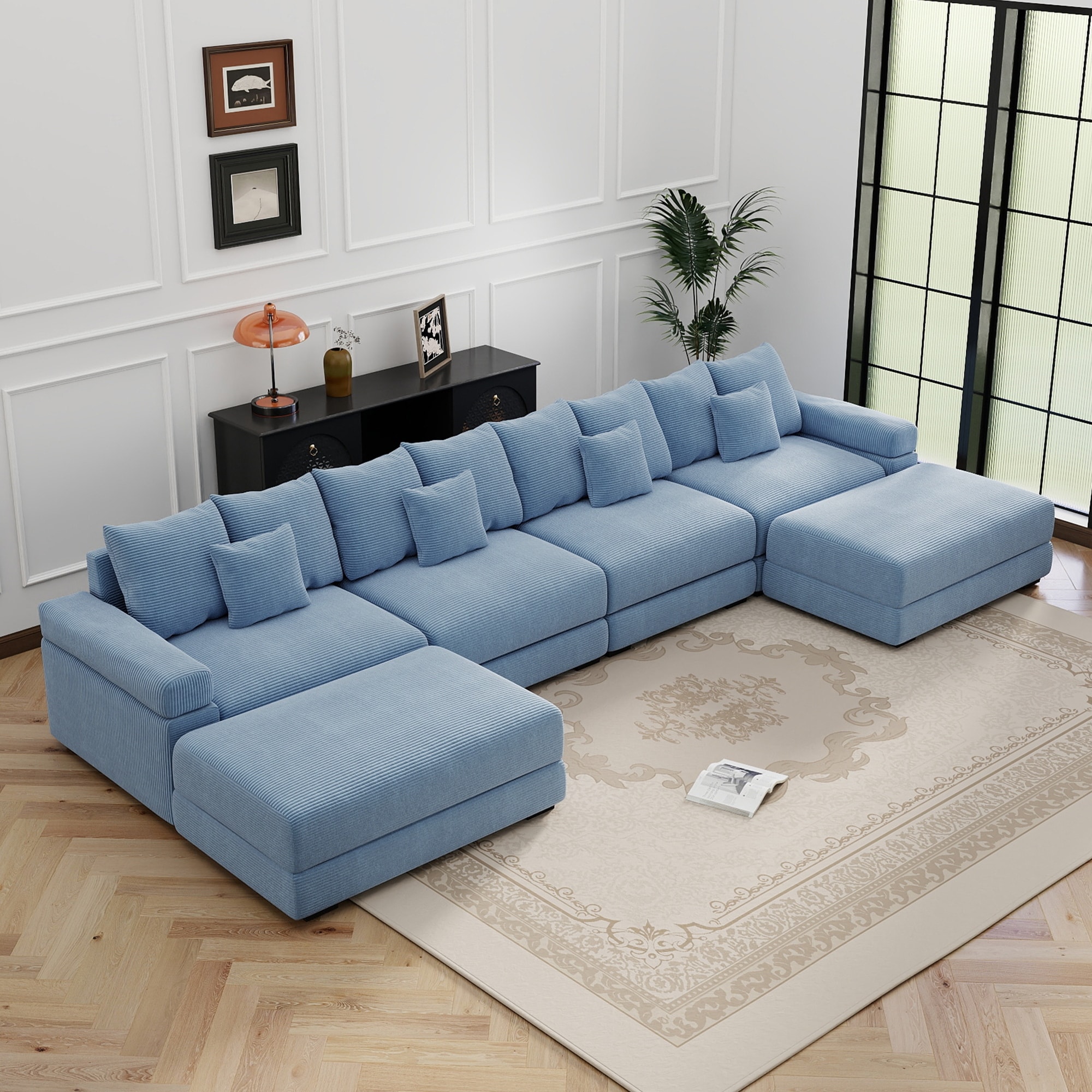 GDFStudio - Corduroy U-Shaped 4-Seater 167.6" Cloud Modular Sectional Couch with 2 Ottomans