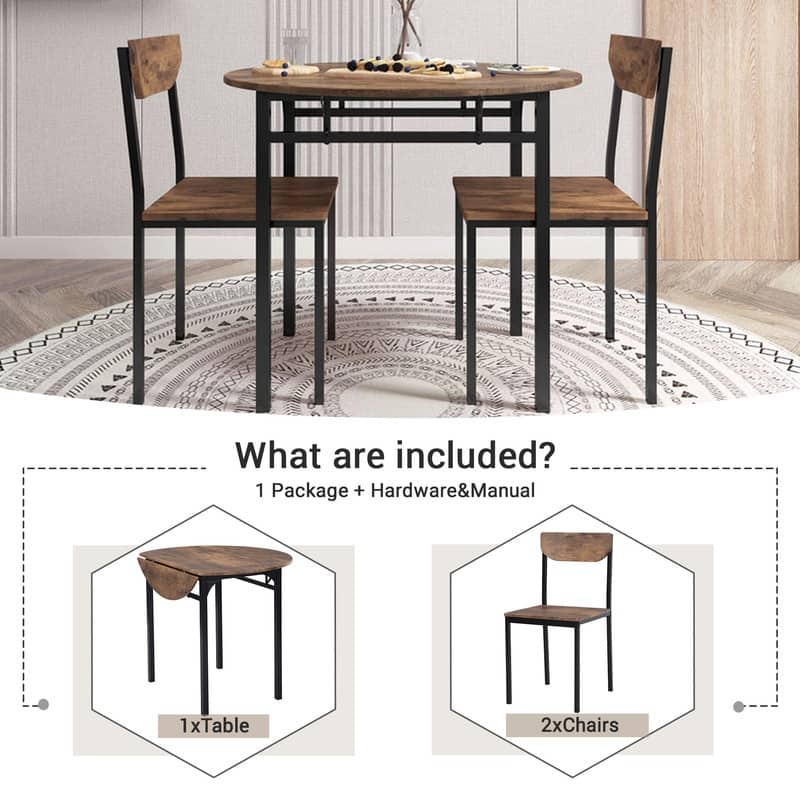 Rustic 3-Piece Round Dining Table Set with Drop Leaf and 2 Chairs