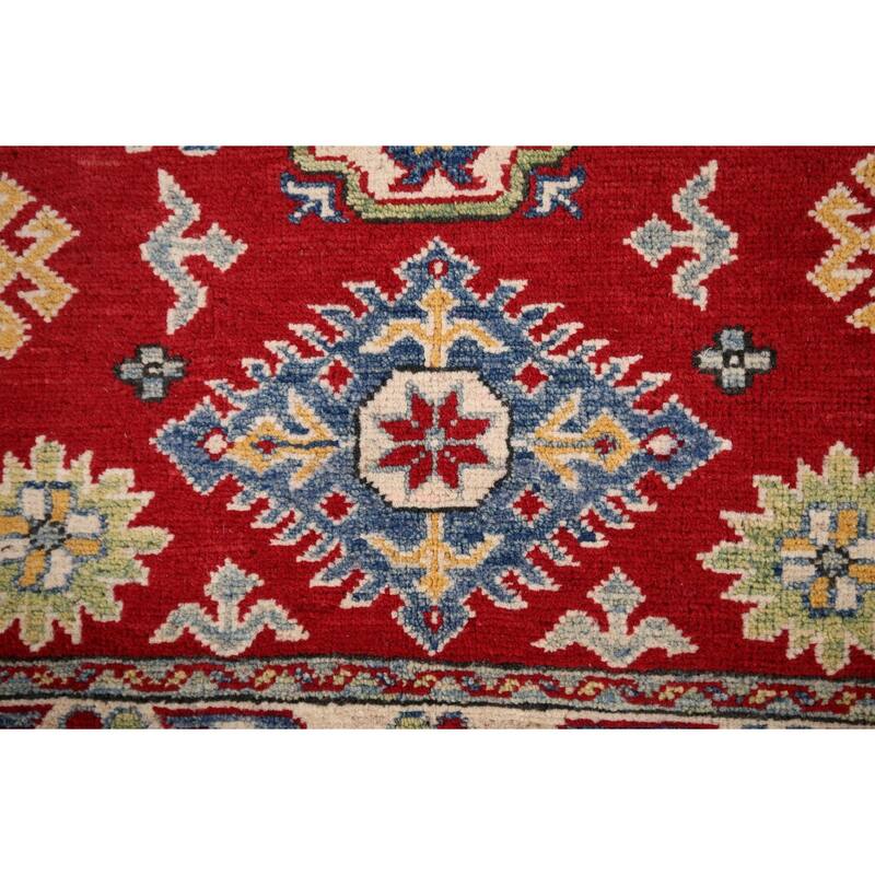 Red Geometric Kazak Pakistan Accent Rug Handmade Wool Carpet - 2'9" x 3'9"