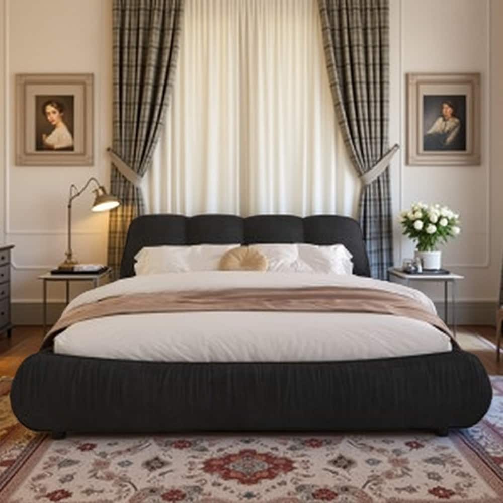 King Size Upholstered Bed Frame with Extra-Wide Cushioned Headboard, Solid Pine Slats & Adjustable Mattress Height