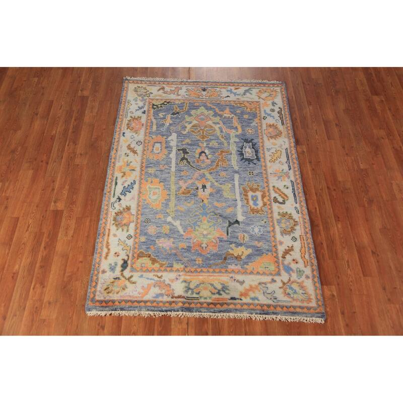 Blue Oushak Oriental Rug Hand-Knotted Transitional Wool Carpet - 4'1"x 5'10"
