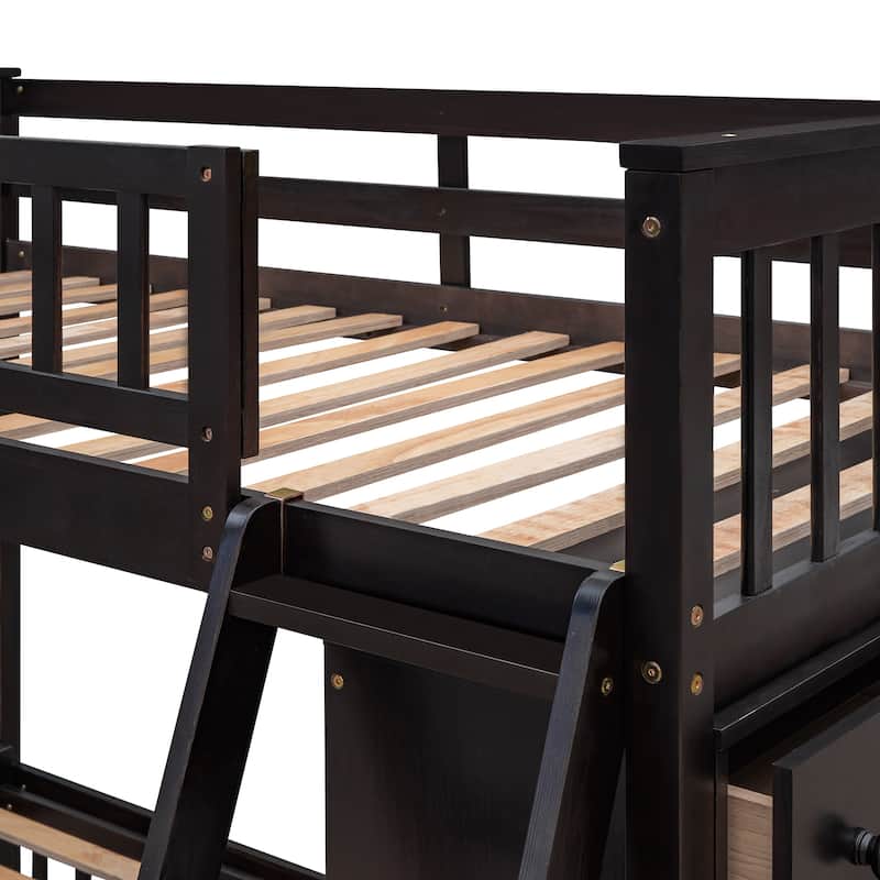 Wooden Twin Over Full Bunk Bed With Six Drawers And Flexible Shelves