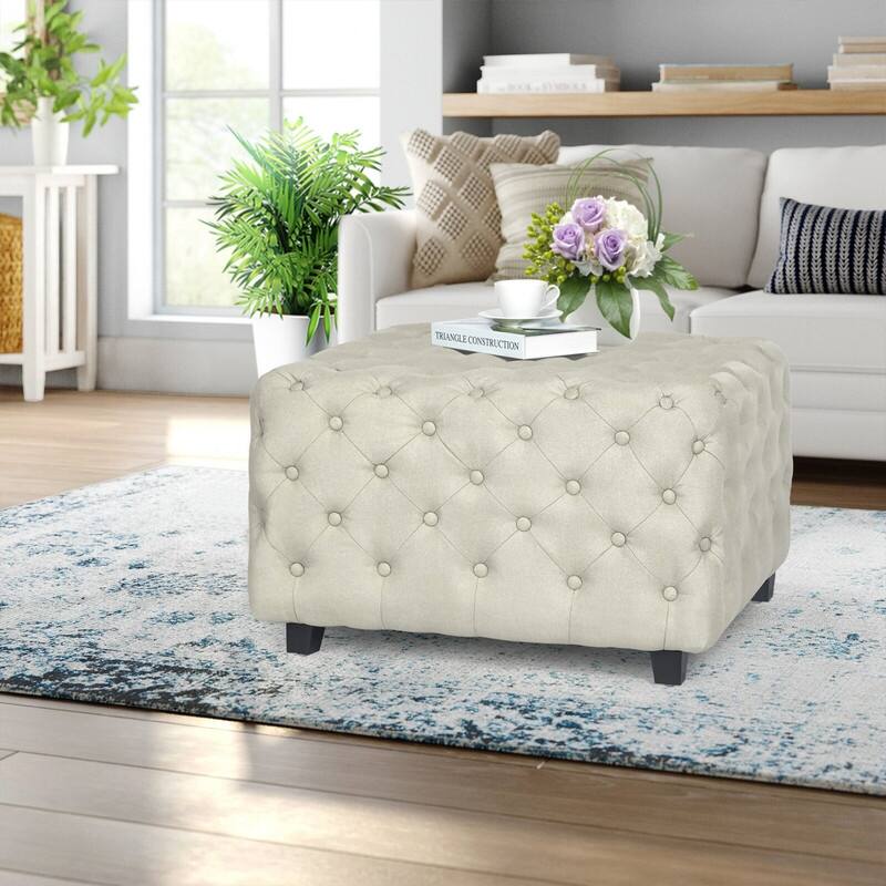 Adeco Linen Fabric Standard Ottoman Bench Square Cube Foot Rest Stool - Off White