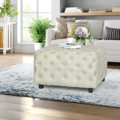 Adeco Linen Fabric Standard Ottoman Bench Square Cube Foot Rest Stool