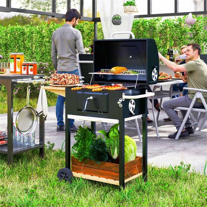 37-Inch Charcoal BBQ Grill with Folding Side Table Adjustable Pan and Thermometer Shelf - 37" W x 20.5" D x 42.1" H