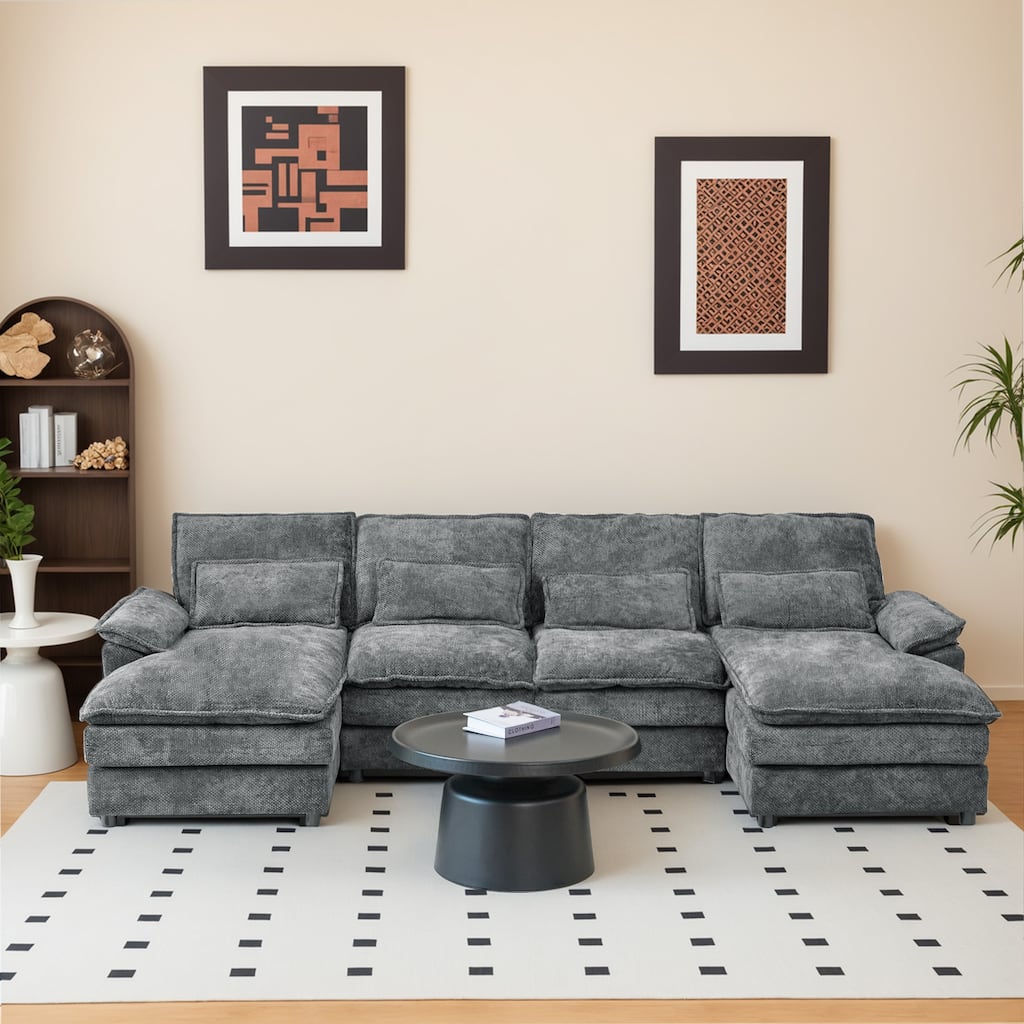 Symmetrical U-shaped Chaise Sectional Sofa, Comfy Chenille Upholstered Couch with Double Layer Seat Cushions and Waist Pillows