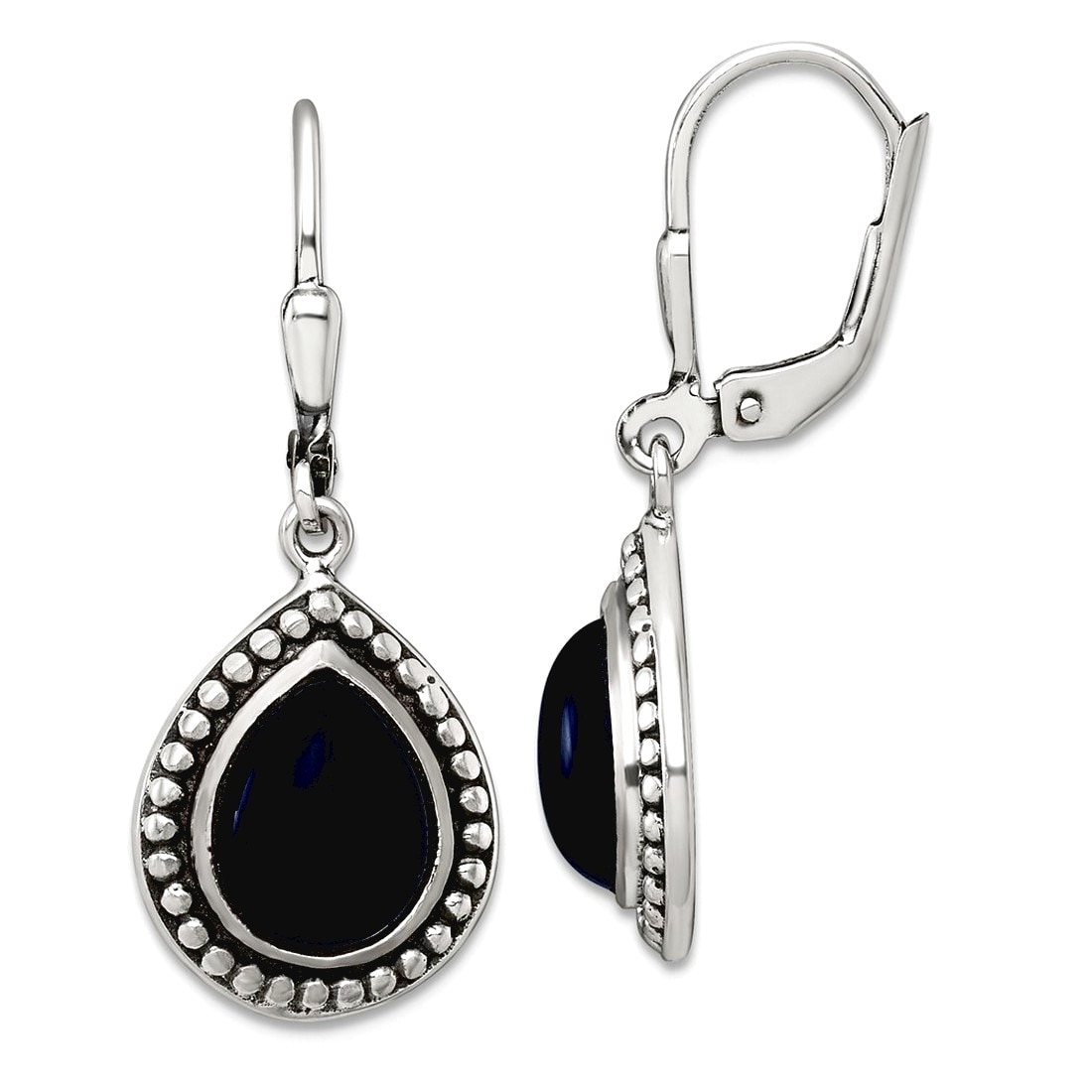 Curata 925 Sterling Silver 33x13mm Antiqued Beaded Onyx Teardrop Leverback Earrings