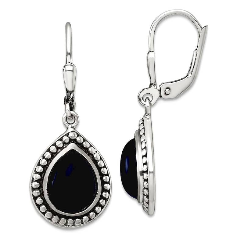 Curata 925 Sterling Silver Antiqued Beaded Onyx Teardrop Leverback Earrings - 33x13mm