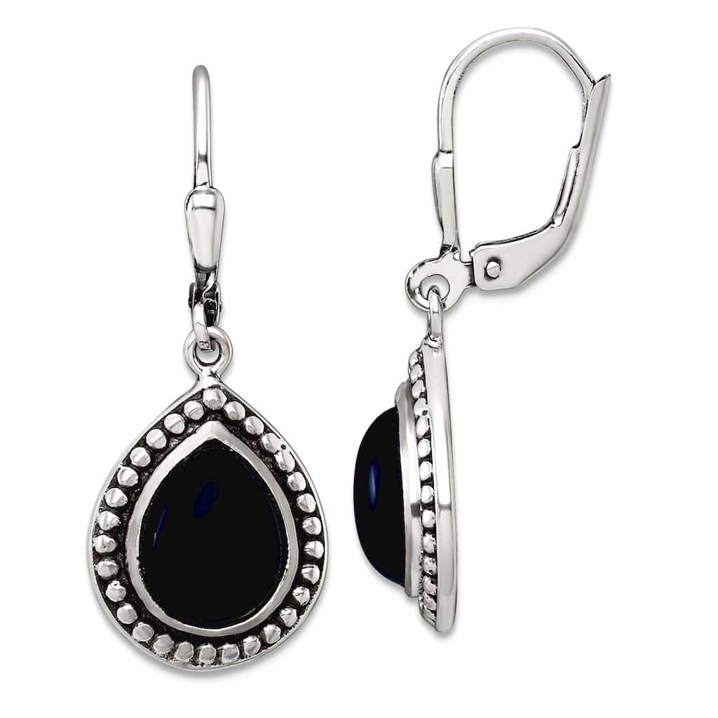 Curata 925 Sterling Silver Antiqued Beaded Onyx Teardrop Leverback Earrings - 33x13mm