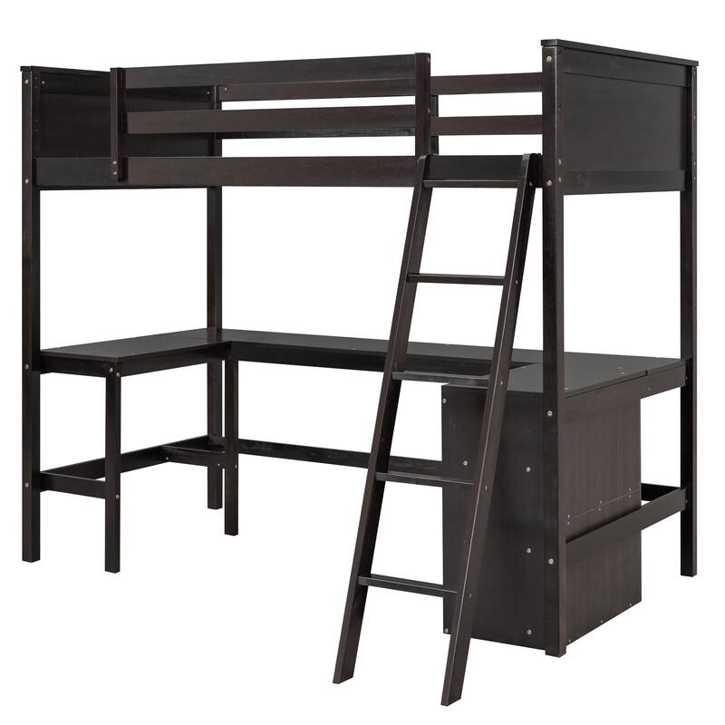 Twin Loft Bed with Desk Shelves Space-Saving Design Brown Modern Contemporary Unisex Nature Wood Finish Includes Hardware
