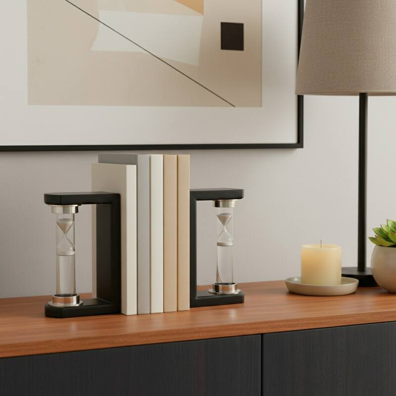 Decorative Hourglass Sand Timer Bookends - Set of 2, 8", Black - 10.0"