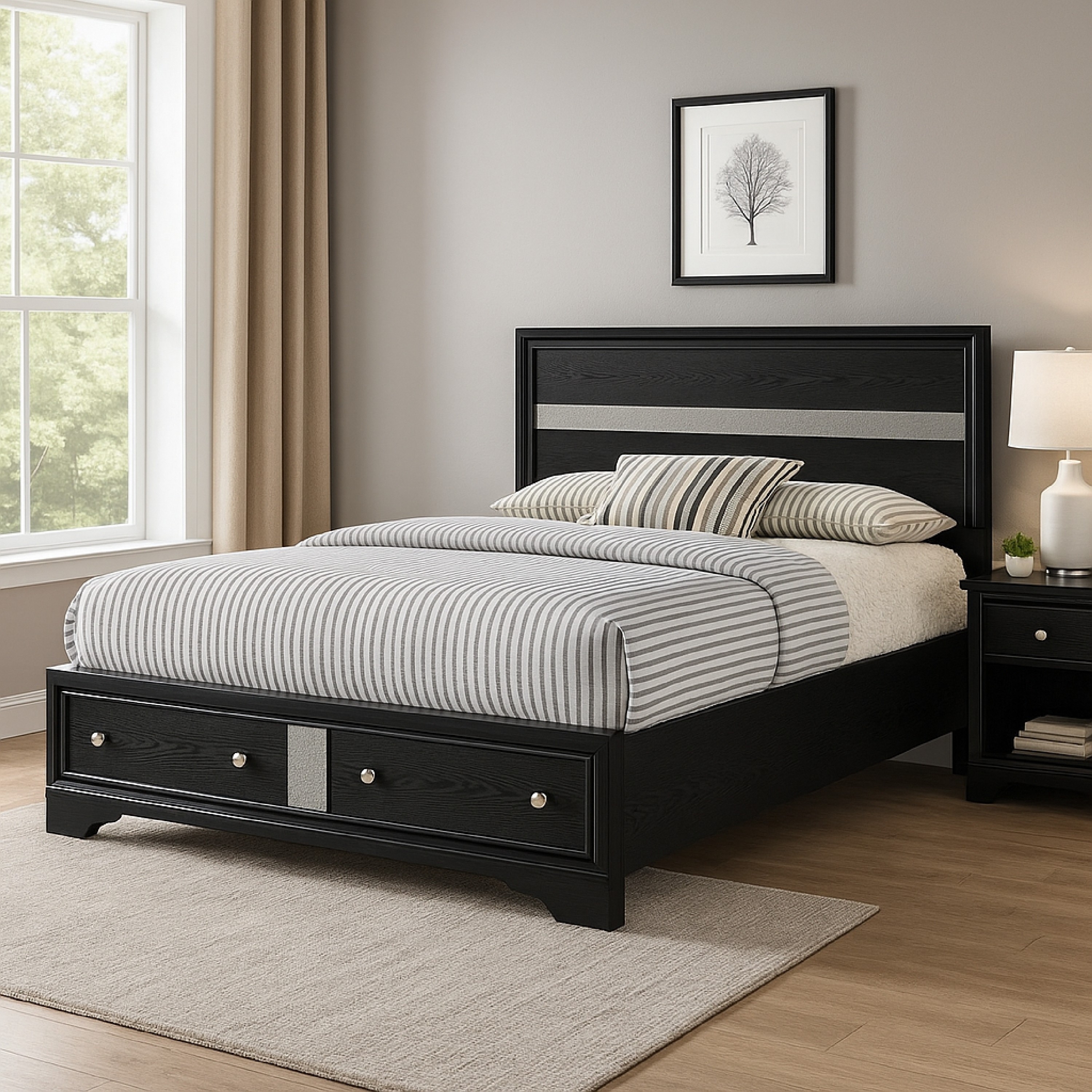 Regi Queen Bed, 2 Storage Drawers, Silver Striped Headboard, Black Wood
