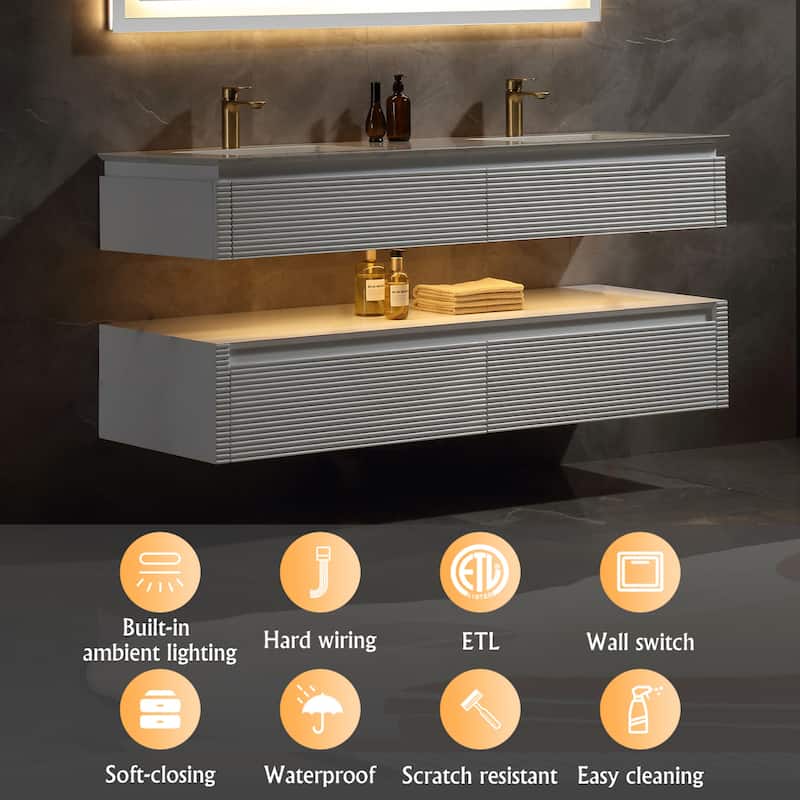 Modland 36/48 Inch LED Floating Vanity with Marble Top & Soft-Close Drawer - Green/White, Wall Drain Ready