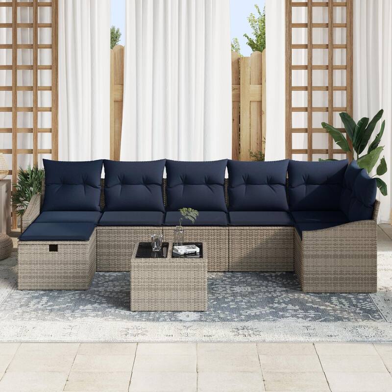 vidaXL 7/8 Garden Sofa Set with Cushions Black/Brown/Grey Poly Rattan - 113.6 x 48.6 x 27.2