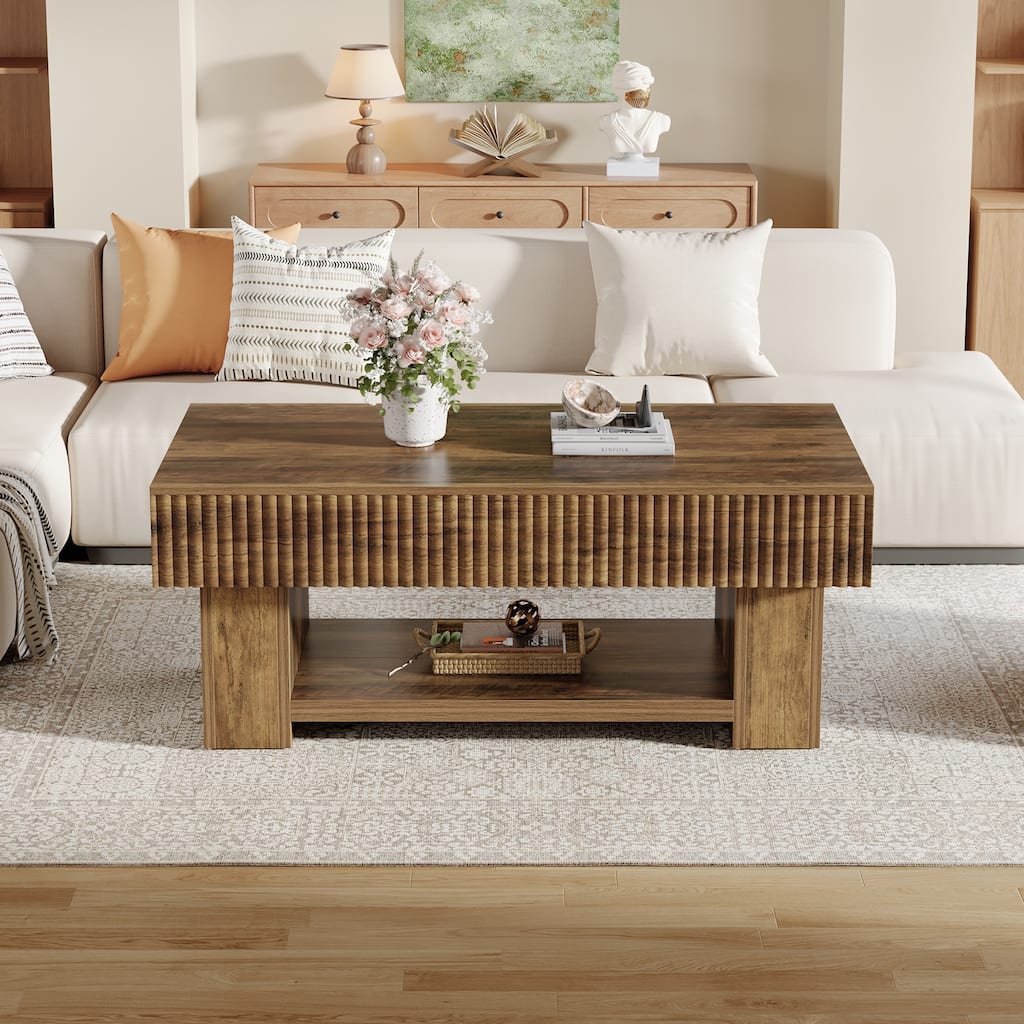 47-Inch Wood Coffee Table with Storage, Large Rectangular Center Table with Open Shelf for Living Room