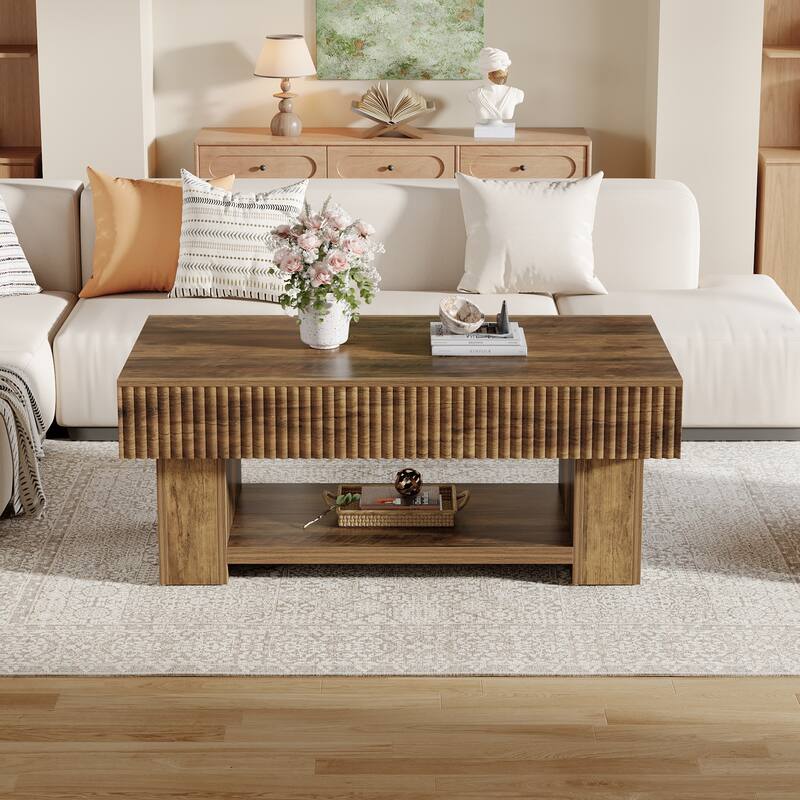 47-Inch Wood Coffee Table with Storage, Large Rectangular Center Table with Open Shelf for Living Room - Brown