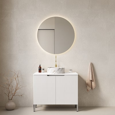 Vanity With Sink, Freestanding Bathroom Storage Cabinet, White Round Ceramic Basin With Stone Pattern And White Counter Top