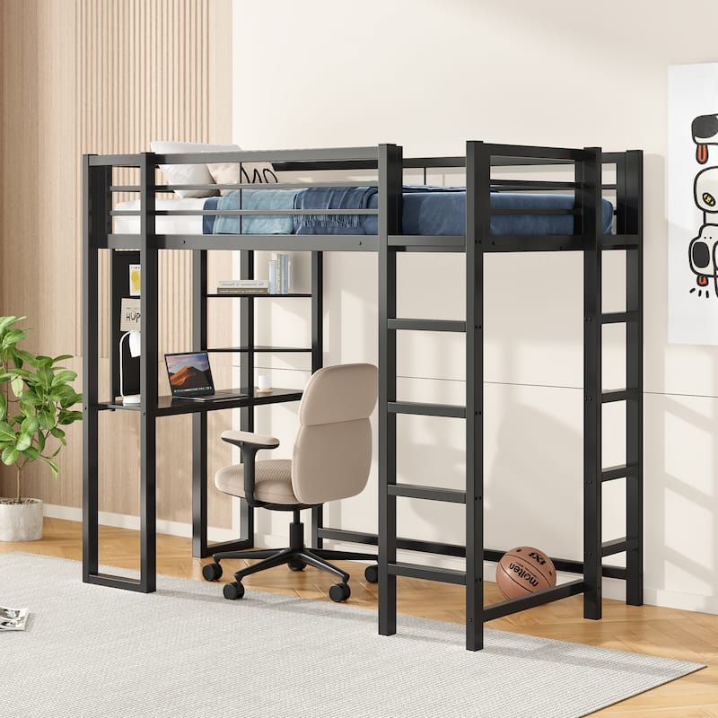 Black Metal Loft Bed Twin Size Loft Bed Frame with Built-in Desk and Triangular Storage Shelves for Boys Girls Teens