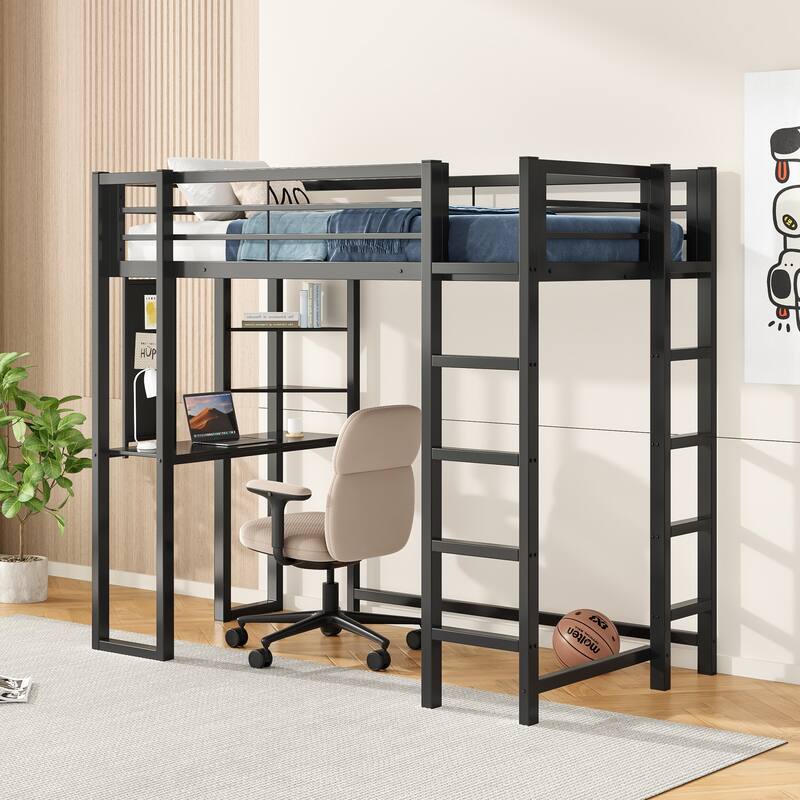Loft Bed with Desk, Metal Loft Bed Twin Size, Loft Bed Frame with Desk and Storage Compatible with Boys Girls Teens - Black