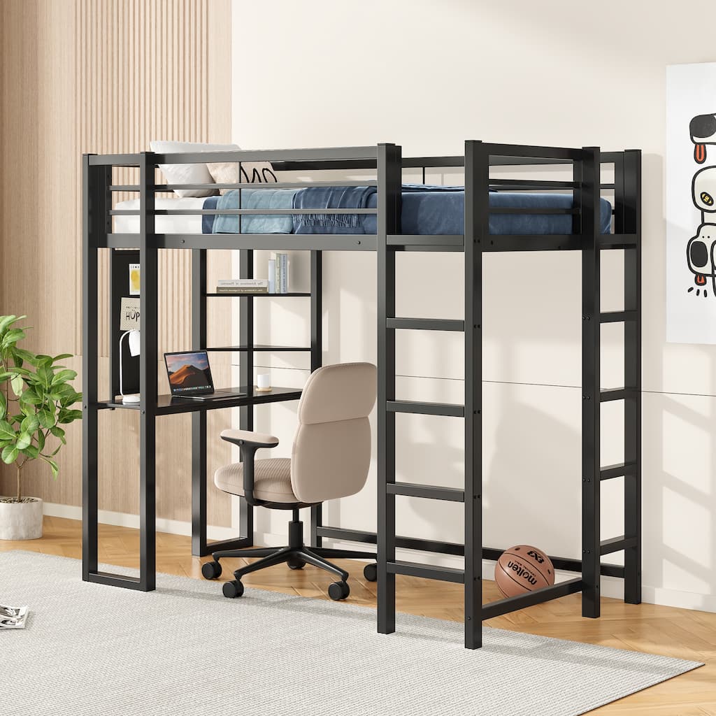 Twin Size Metal Loft Bed with Integrated Desk and Storage, Study & Sleep Space-Saving Solution