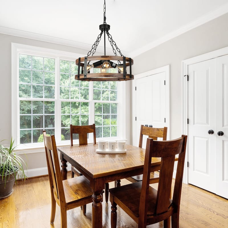 Farmhouse 4-Light Wood Drum Chandeliers Rustic Cage Pendant Light for Kitchen Island - 19" D x 18" H