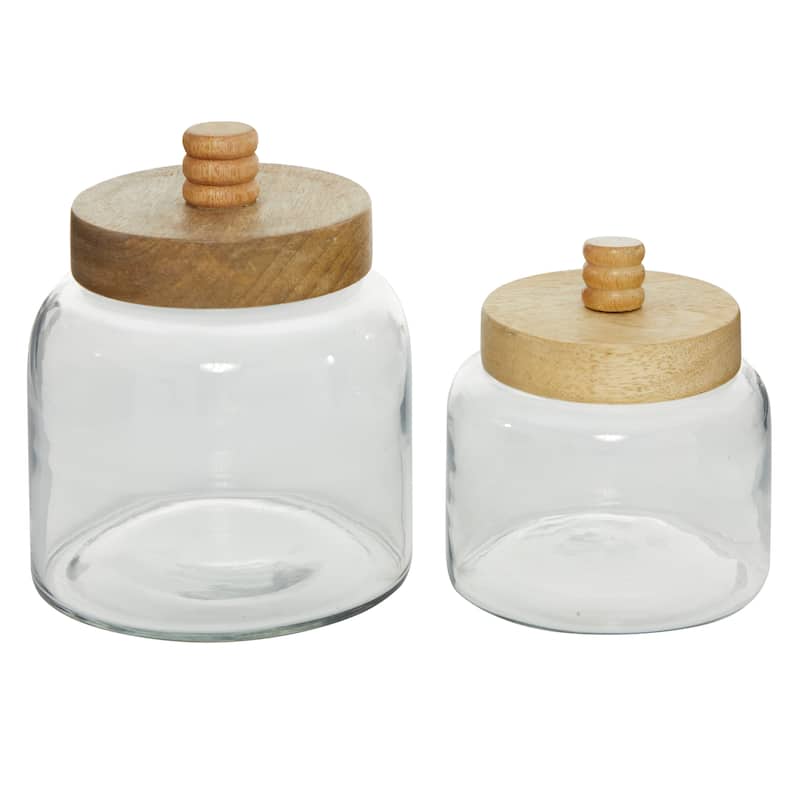 Glass Canisters with Wood Lids - Set of 2 Clear - Roche River Decor - 5"W x 5"L x 6"H
