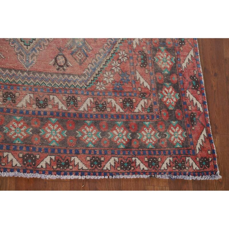Pink Geometric Joshaghan Vintage Persian Rug Hand-Knotted Wool Carpet - 6'2" x 9'9"