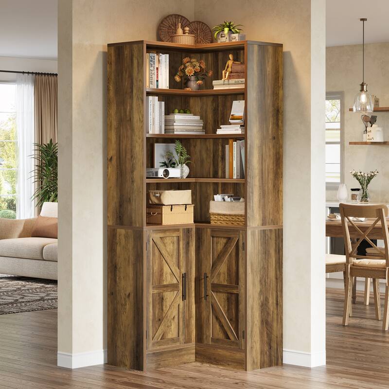 Industrial L-Shaped Corner Bookcase Bookshelf with Barn Doors