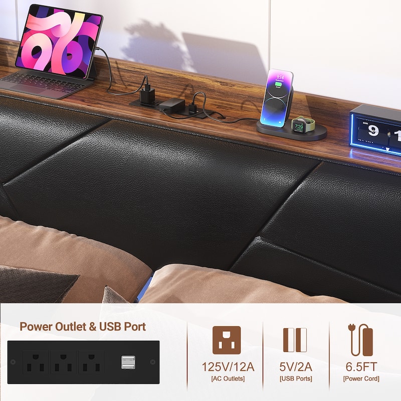 Bed Frame with Storage Upholstered Headboard and Charging Station and RGB LED Lights
