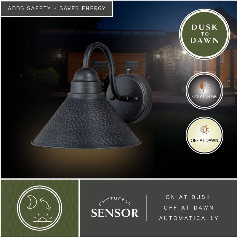 Outland 1 Light Dusk to Dawn Black Gold Farmhouse Barn Dome Outdoor Wall Lantern - 9.75-in W x 9-in H x 11.75-in D